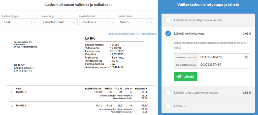 Isoltan laskutusohjelma - Verkkolaskun lähettäminen